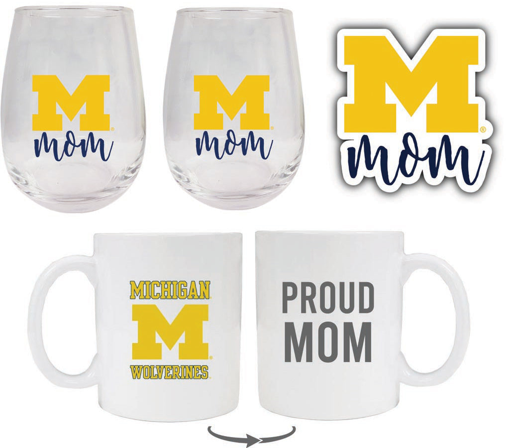 Michigan Wolverines Collegiate Mom Gift Set - Decal, Coffee Mug & Stemless Wine Glass 