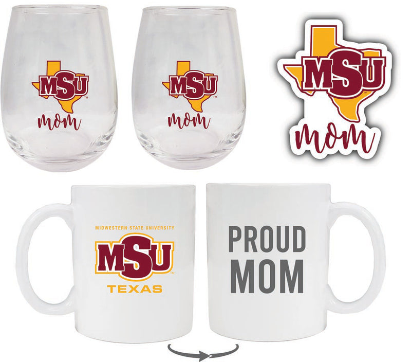 Midwestern State University Mustangs Collegiate Mom Gift Set - Decal, Coffee Mug & Stemless Wine Glass 