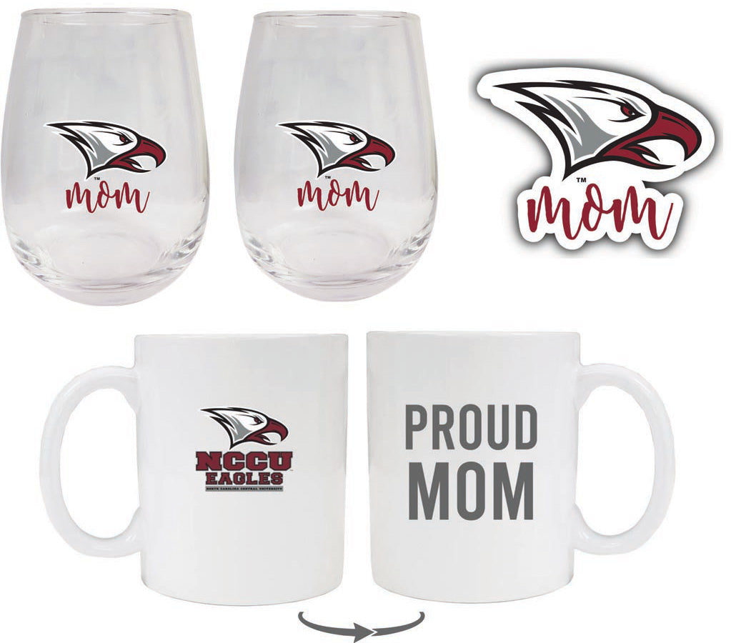 North Carolina Central Eagles Collegiate Mom Gift Set - Decal, Coffee Mug & Stemless Wine Glass 