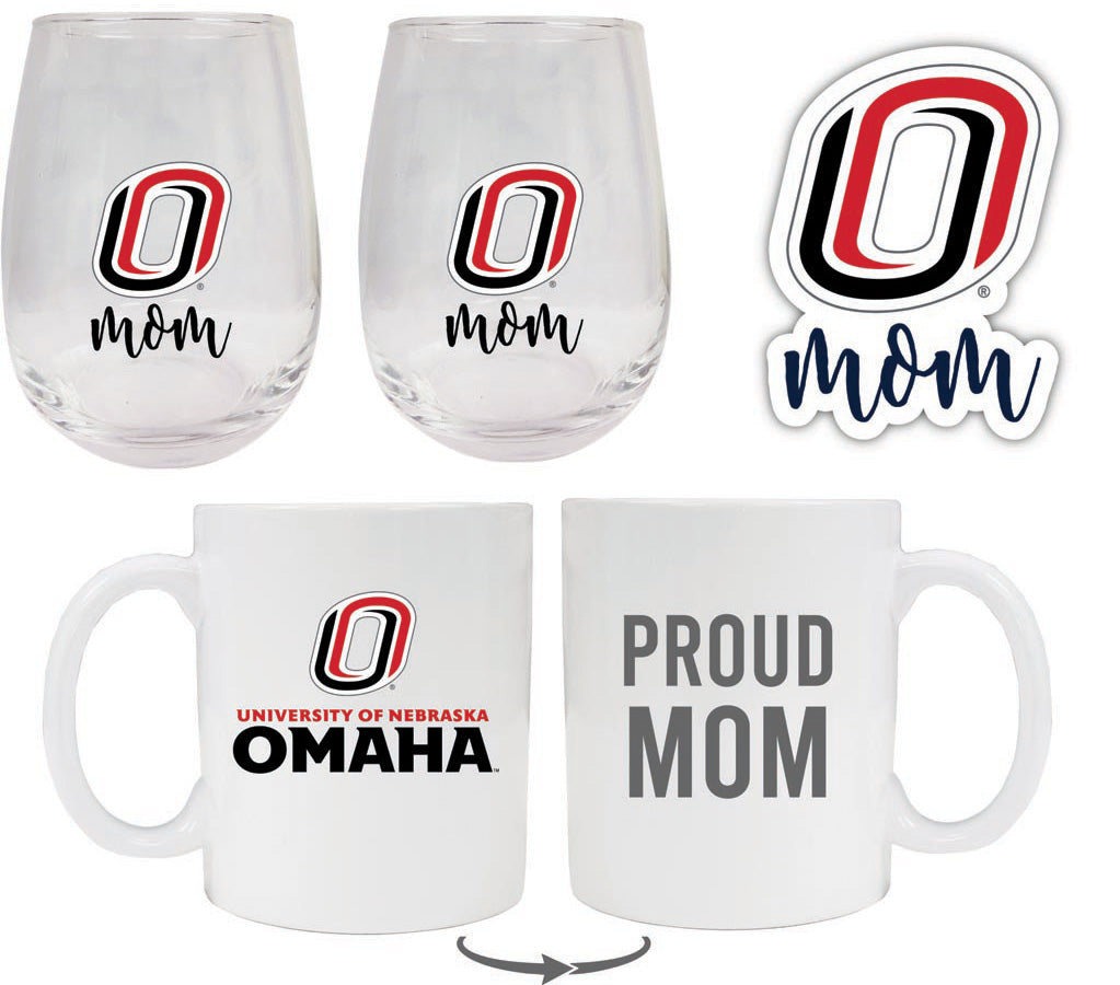 Nebraska at Omaha Collegiate Mom Gift Set - Decal, Coffee Mug & Stemless Wine Glass 