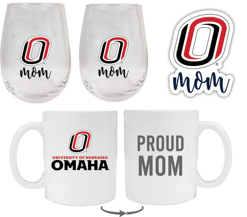 Nebraska at Omaha Collegiate Mom Gift Set - Decal, Coffee Mug & Stemless Wine Glass 