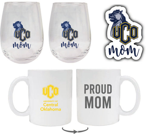 University of Central Oklahoma Bronchos Collegiate Mom Gift Set - Decal, Coffee Mug & Stemless Wine Glass 
