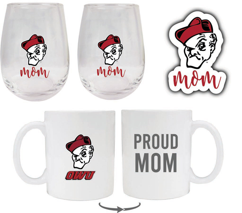 Ohio Wesleyan University Collegiate Mom Gift Set - Decal, Coffee Mug & Stemless Wine Glass 