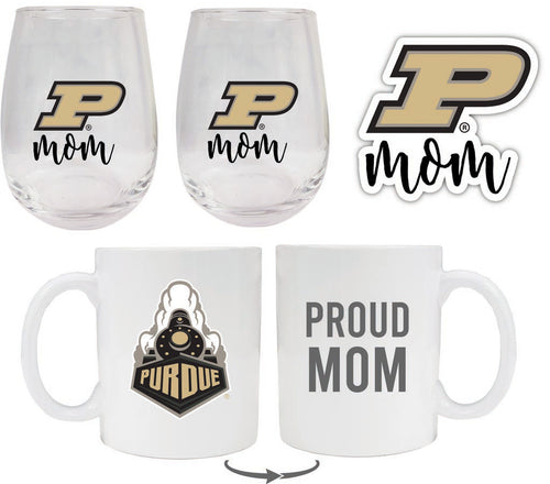 Purdue Boilermakers Collegiate Mom Gift Set - Decal, Coffee Mug & Stemless Wine Glass 
