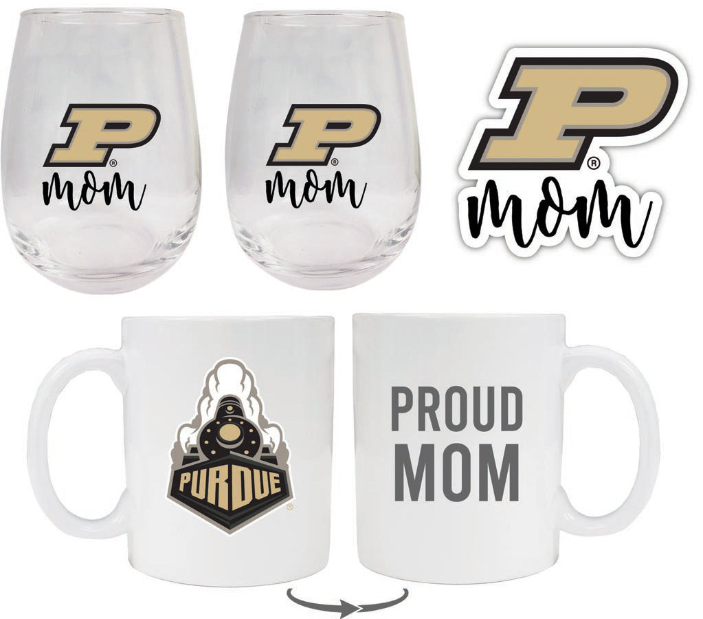 Purdue Boilermakers Collegiate Mom Gift Set - Decal, Coffee Mug & Stemless Wine Glass 