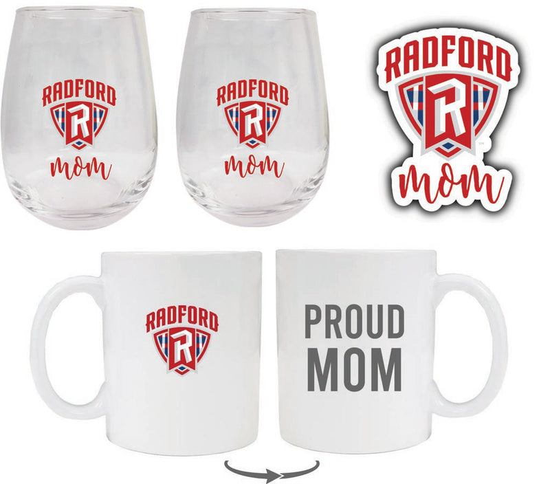 Radford University Highlanders Collegiate Mom Gift Set - Decal, Coffee Mug & Stemless Wine Glass 