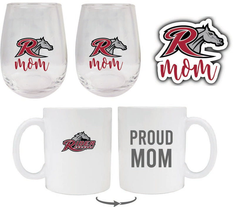 Rider University Broncs Collegiate Mom Gift Set - Decal, Coffee Mug & Stemless Wine Glass 