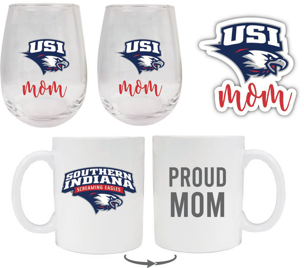 University of Southern Indiana Collegiate Mom Gift Set - Decal, Coffee Mug & Stemless Wine Glass 