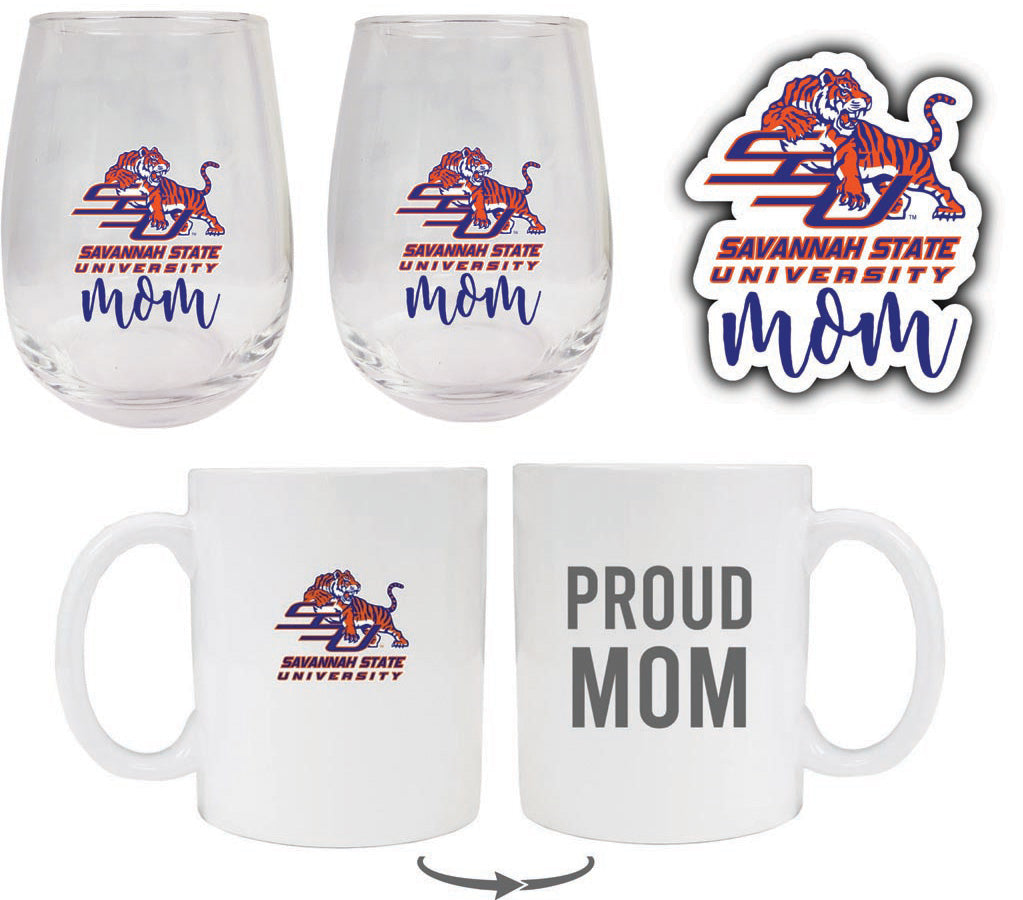Savannah State University Collegiate Mom Gift Set - Decal, Coffee Mug & Stemless Wine Glass 
