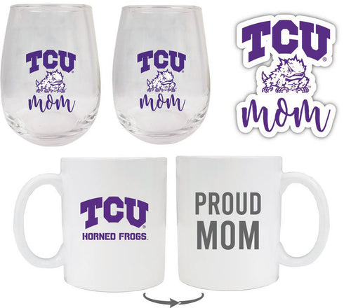 Texas Christian University Collegiate Mom Gift Set - Decal, Coffee Mug & Stemless Wine Glass 