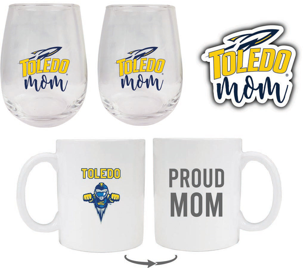 Toledo Rockets Collegiate Mom Gift Set - Decal, Coffee Mug & Stemless Wine Glass 