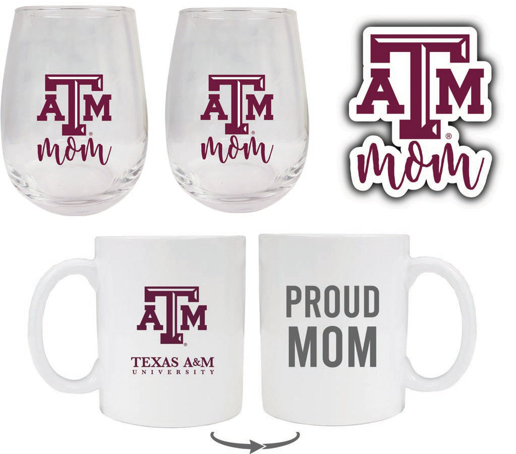 Texas A&M Aggies Collegiate Mom Gift Set - Decal, Coffee Mug & Stemless Wine Glass 