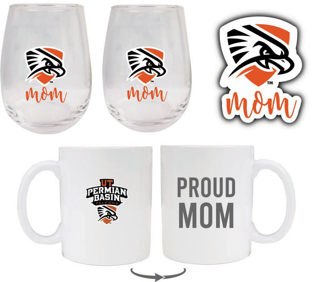 University of Texas of the Permian Basin Collegiate Mom Gift Set - Decal, Coffee Mug & Stemless Wine Glass 