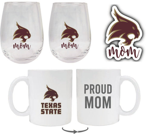 Texas State Bobcats Collegiate Mom Gift Set - Decal, Coffee Mug & Stemless Wine Glass 