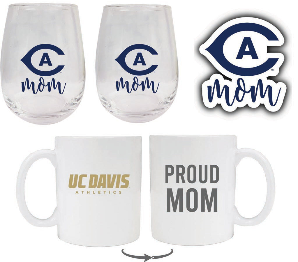 UC Davis Aggies Collegiate Mom Gift Set - Decal, Coffee Mug & Stemless Wine Glass 