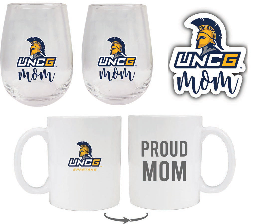 North Carolina Greensboro Spartans Collegiate Mom Gift Set - Decal, Coffee Mug & Stemless Wine Glass 