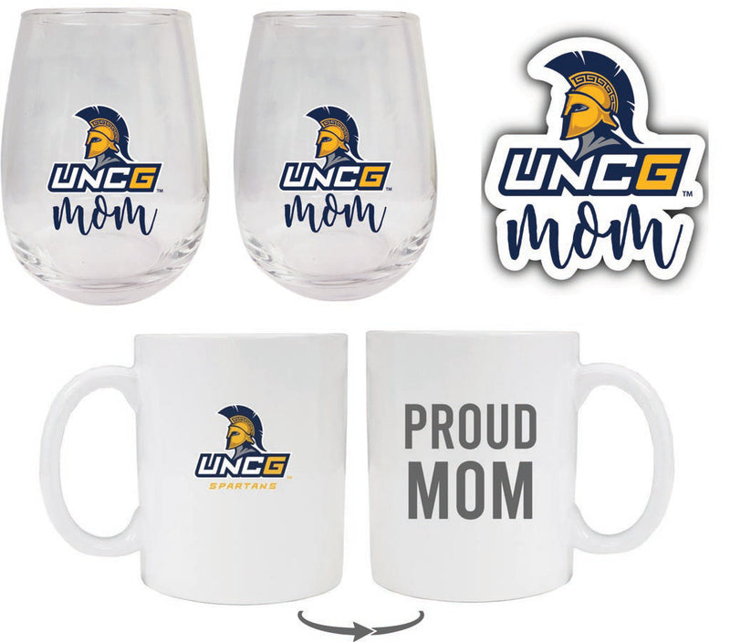 North Carolina Greensboro Spartans Collegiate Mom Gift Set - Decal, Coffee Mug & Stemless Wine Glass 