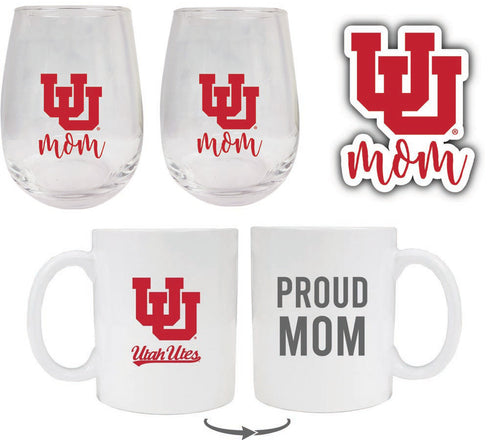 Utah Utes Collegiate Mom Gift Set - Decal, Coffee Mug & Stemless Wine Glass 