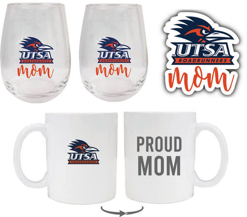 UTSA Road Runners Collegiate Mom Gift Set - Decal, Coffee Mug & Stemless Wine Glass 