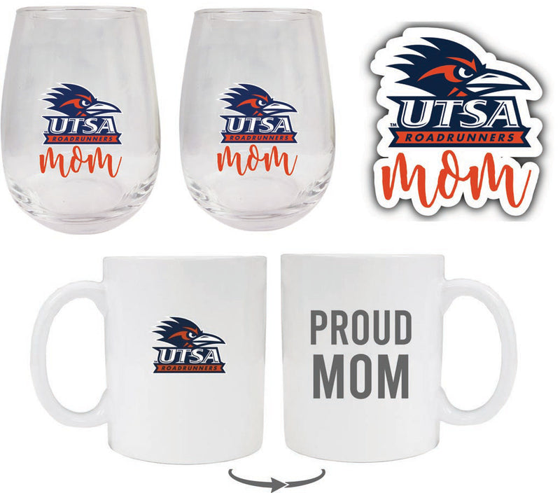 UTSA Road Runners Collegiate Mom Gift Set - Decal, Coffee Mug & Stemless Wine Glass 