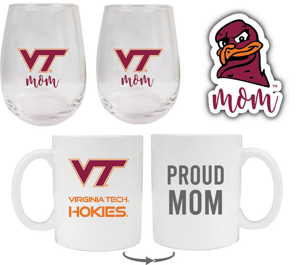 Virginia Tech Hokies Collegiate Mom Gift Set - Decal, Coffee Mug & Stemless Wine Glass 