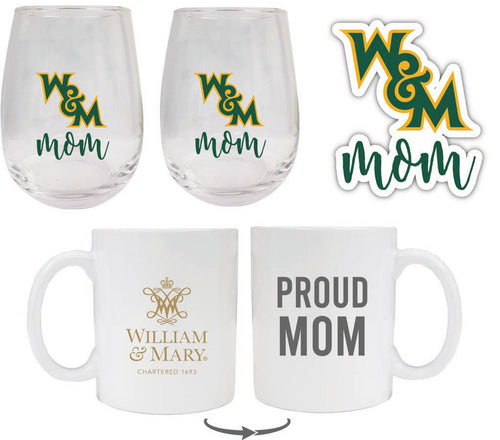 William and Mary Collegiate Mom Gift Set - Decal, Coffee Mug & Stemless Wine Glass 