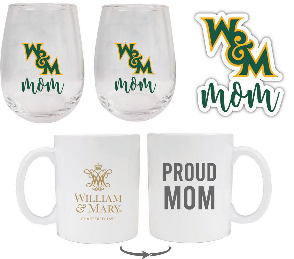 William and Mary Collegiate Mom Gift Set - Decal, Coffee Mug & Stemless Wine Glass 