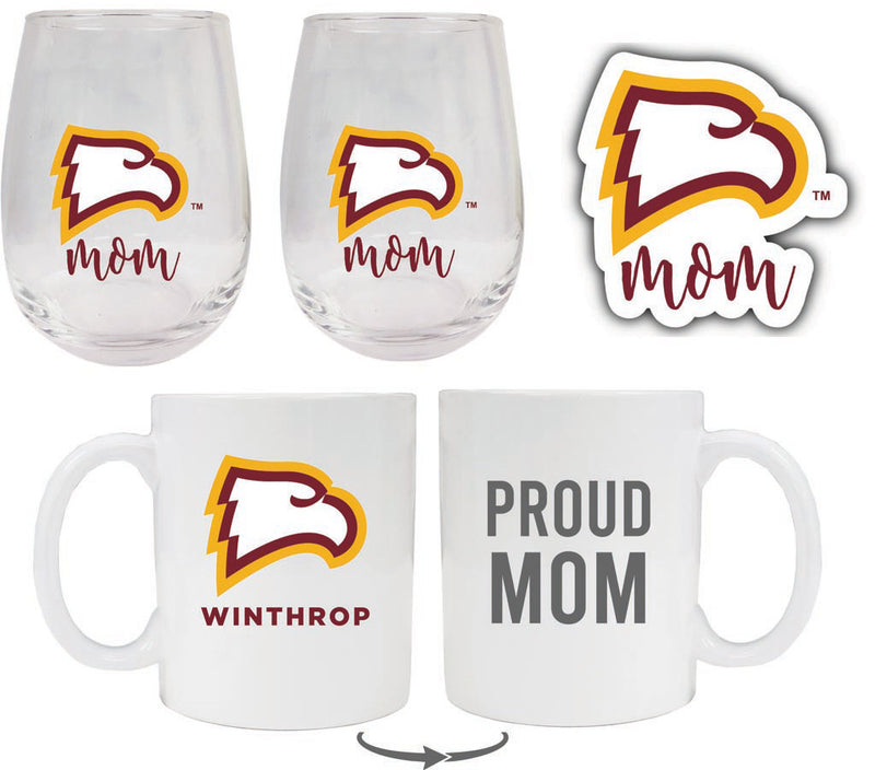 Winthrop University Collegiate Mom Gift Set - Decal, Coffee Mug & Stemless Wine Glass 
