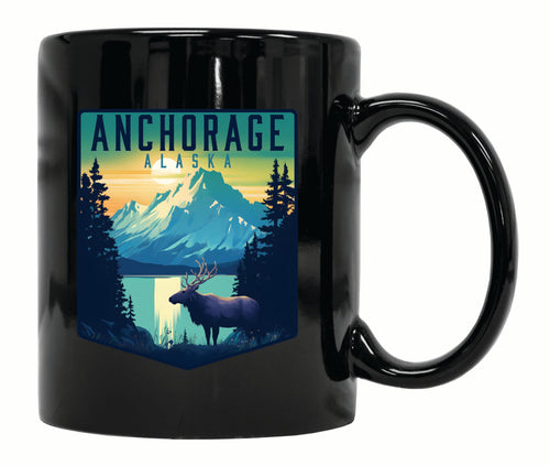 Anchorage Alaska Moose and Mountains Design Souvenir 12 oz Ceramic Coffee Mug Black Single