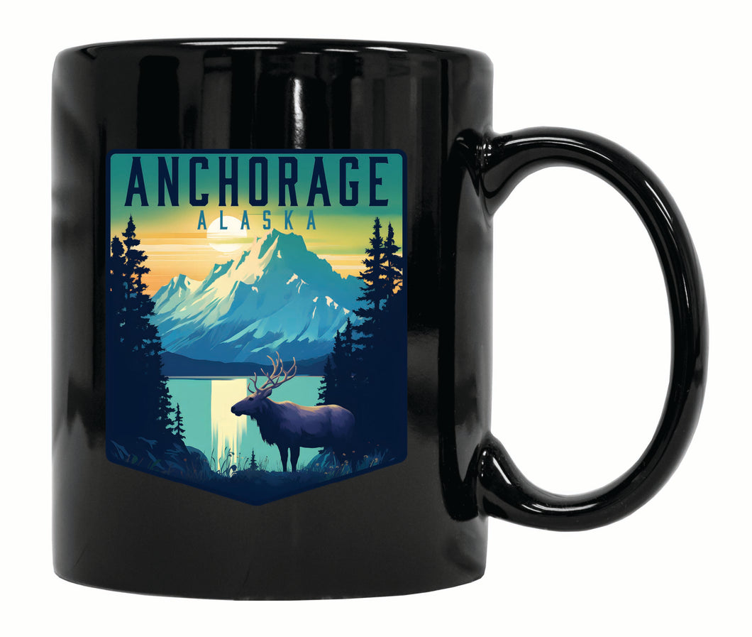 Anchorage Alaska Moose and Mountains Design Souvenir 12 oz Ceramic Coffee Mug Black Single