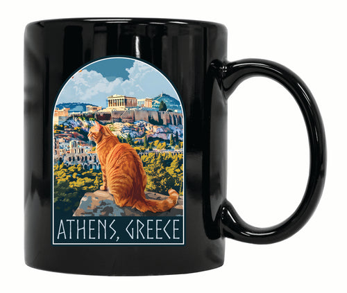Athens Greece Cat Acropolis Design Souvenir 12 oz Ceramic Coffee Mug Black Single