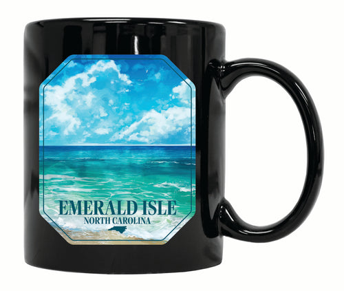 Emerald Isle North Carolina Serene Ocean Design Souvenir 12 oz Ceramic Coffee Mug Black 4-Pack