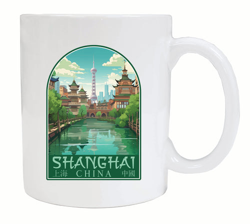 Shanghai China Old Town Design Souvenir 12 oz Ceramic Coffee Mug White 2-Pack