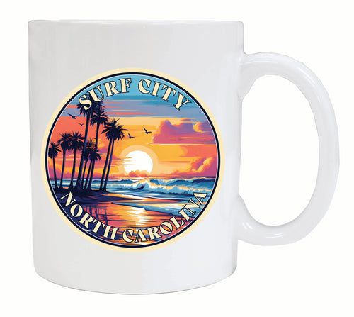 Surf City North Carolina Palm Sunset Design Souvenir 12 oz Ceramic Coffee Mug White 2-Pack