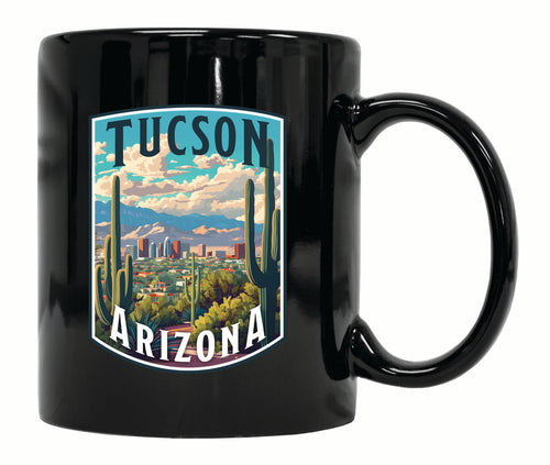 Tucson Arizona Cactus and Cityscape Design Souvenir 12 oz Ceramic Coffee Mug Black Single