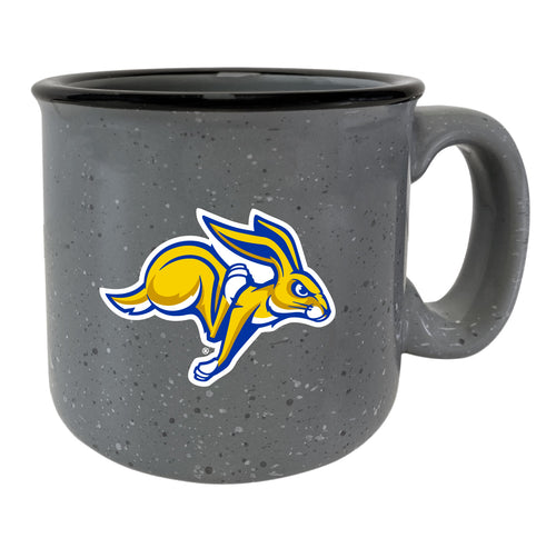 South Dakota Jackrabbits 16 oz ceramic camper mug with speckled design and logo, available in multiple colors. Perfect for showing team pride while enjoying your favorite hot beverage.