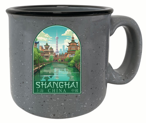 Shanghai China Old Town Design Souvenir 16 oz Ceramic camping mug Gray 4-Pack