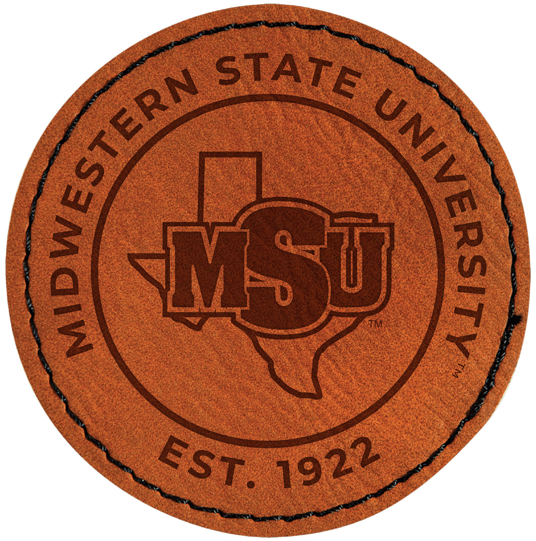 Midwestern State University Mustangs Officially Licensed Circular Leatherette Patch - Iron-On with Adhesive Back 4-Pack