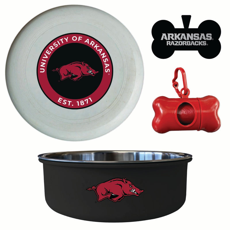 Arkansas Razorbacks Officially Licensed College Pet Pack – Dog Tag, Bowl, Flying Disc & Waste Bag 