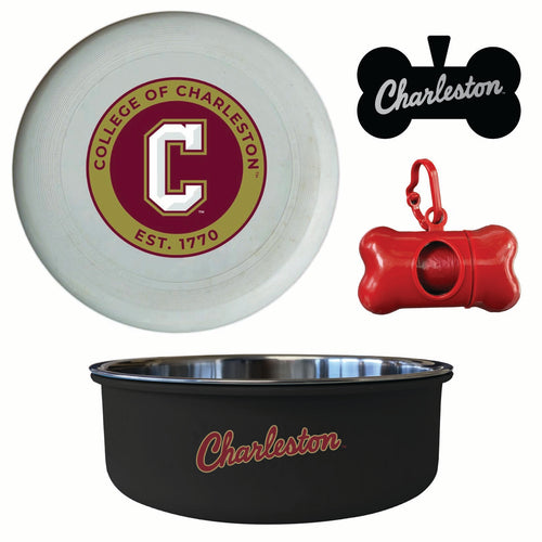 College of Charleston Officially Licensed College Pet Pack – Dog Tag, Bowl, Flying Disc & Waste Bag 