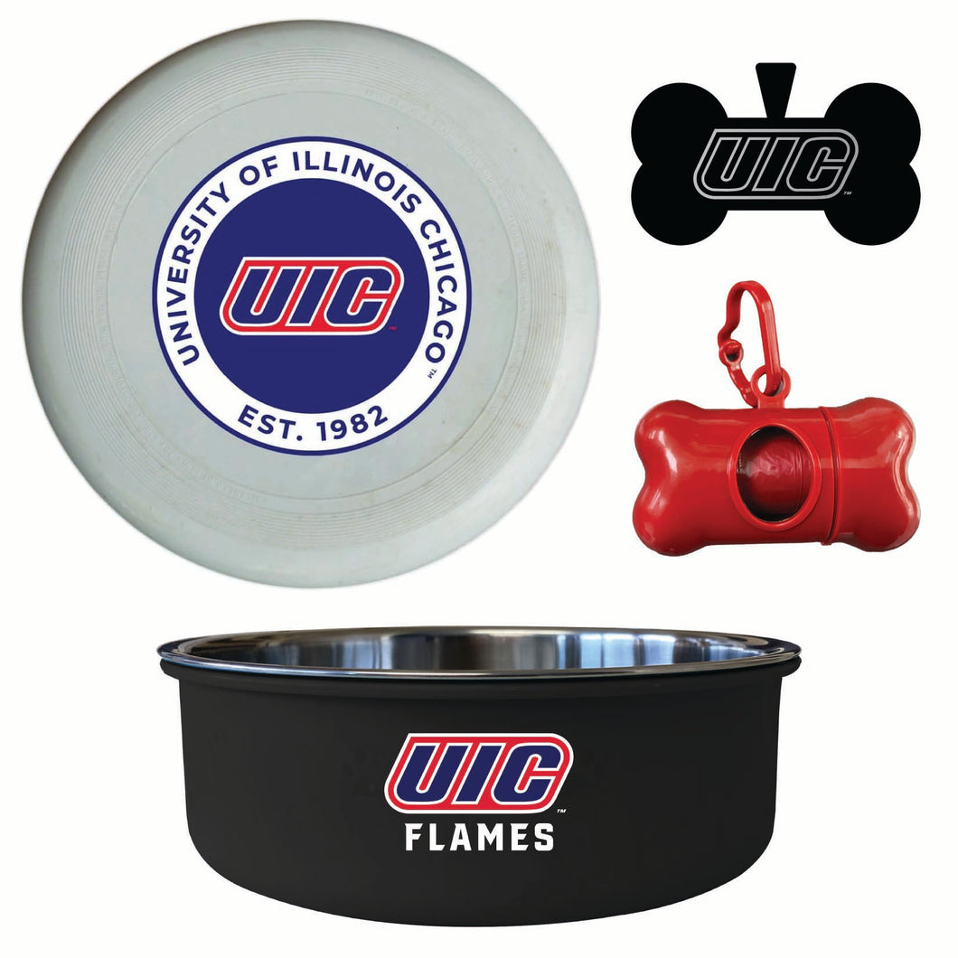 University of Illinois at Chicago Officially Licensed College Pet Pack – Dog Tag, Bowl, Flying Disc & Waste Bag 