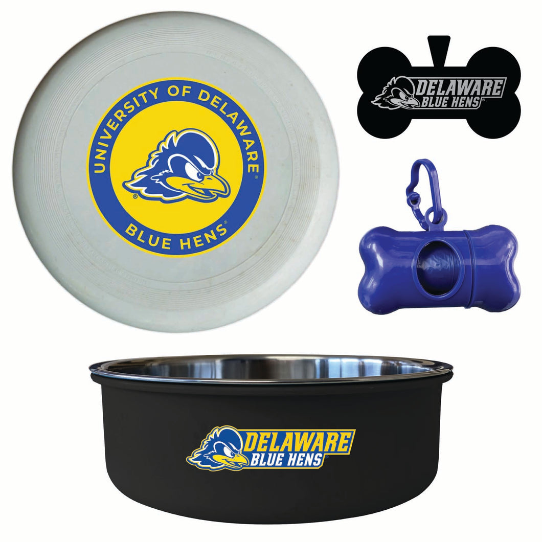 Delaware Blue Hens Officially Licensed College Pet Pack – Dog Tag, Bowl, Flying Disc & Waste Bag 