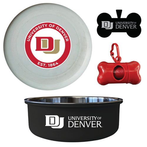 University of Denver Pioneers Officially Licensed College Pet Pack – Dog Tag, Bowl, Flying Disc & Waste Bag 