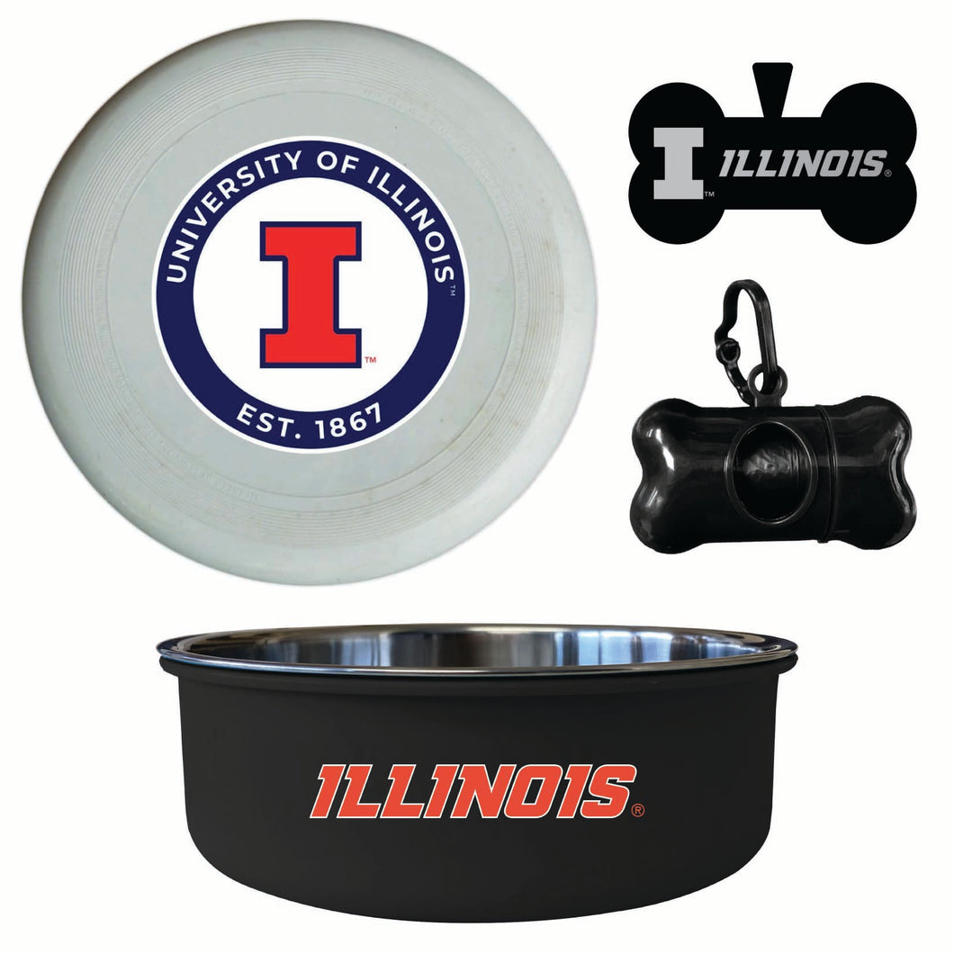 Illinois Fighting Illini Officially Licensed College Pet Pack – Dog Tag, Bowl, Flying Disc & Waste Bag 