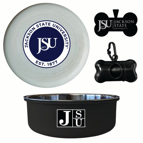 Jackson State University Officially Licensed College Pet Pack – Dog Tag, Bowl, Flying Disc & Waste Bag 