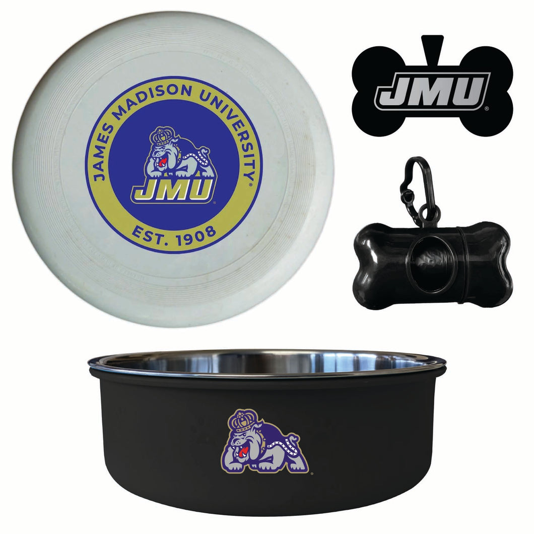 James Madison Dukes Officially Licensed College Pet Pack – Dog Tag, Bowl, Flying Disc & Waste Bag 
