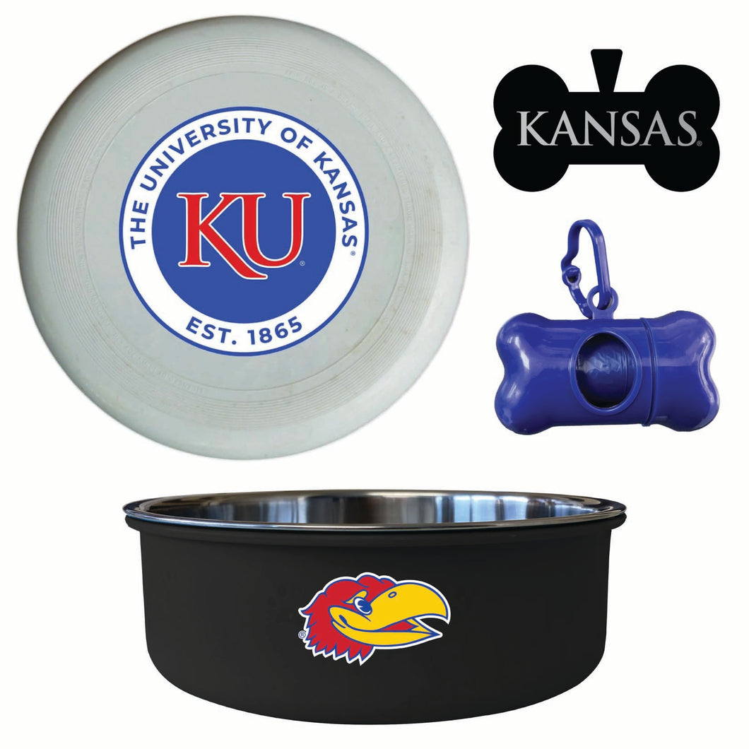 Kansas Jayhawks Officially Licensed College Pet Pack – Dog Tag, Bowl, Flying Disc & Waste Bag 