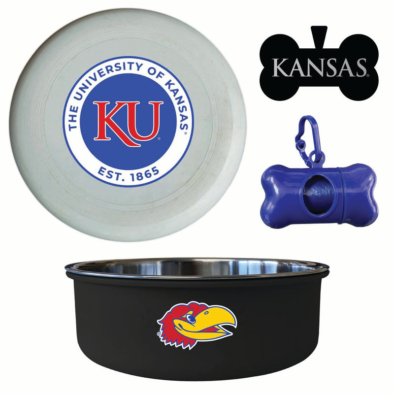 Kansas Jayhawks Officially Licensed College Pet Pack – Dog Tag, Bowl, Flying Disc & Waste Bag 