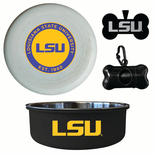 LSU Tigers Officially Licensed College Pet Pack – Dog Tag, Bowl, Flying Disc & Waste Bag 