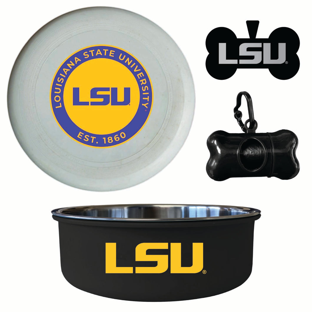 LSU Tigers Officially Licensed College Pet Pack – Dog Tag, Bowl, Flying Disc & Waste Bag 